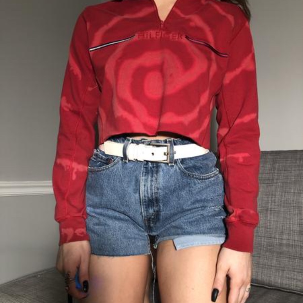 bleached Tommy Hilfiger 1/4 zip raw crop {S}